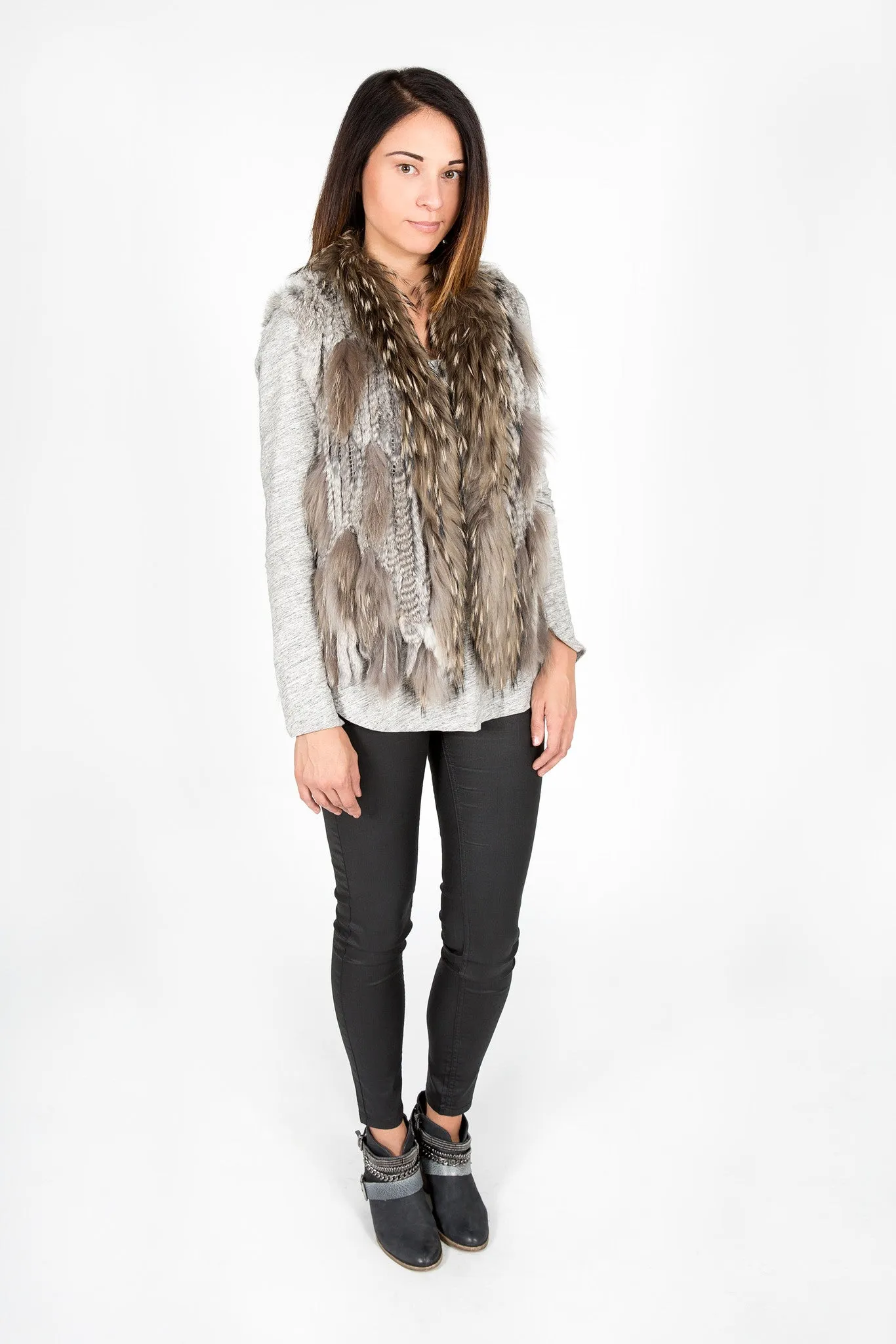 Rabbit & Raccoon Fur Knitted Vest with Fringe