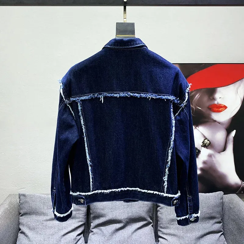 Ripped Fur Edge Long Sleeve Denim Jacket