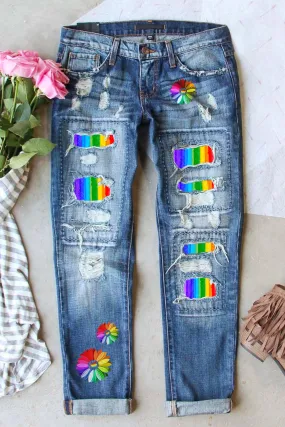 Ripped Jeans for Women LGBT Rainbow Floral Print Patch Stretch Distressed Jeans