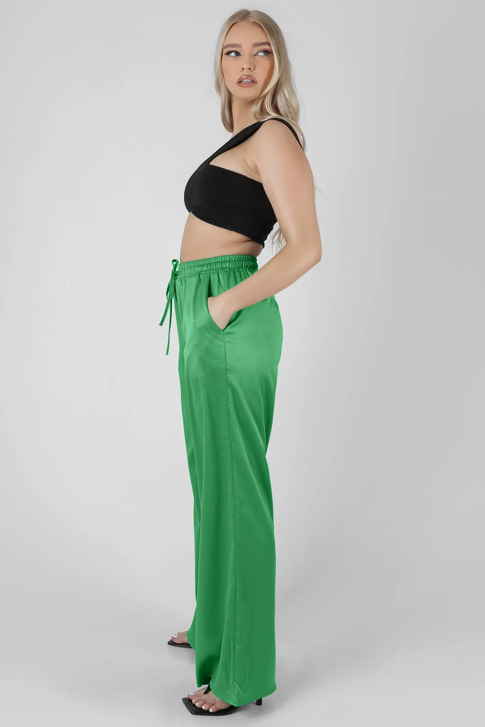 Satin Wide Leg Trousers Green