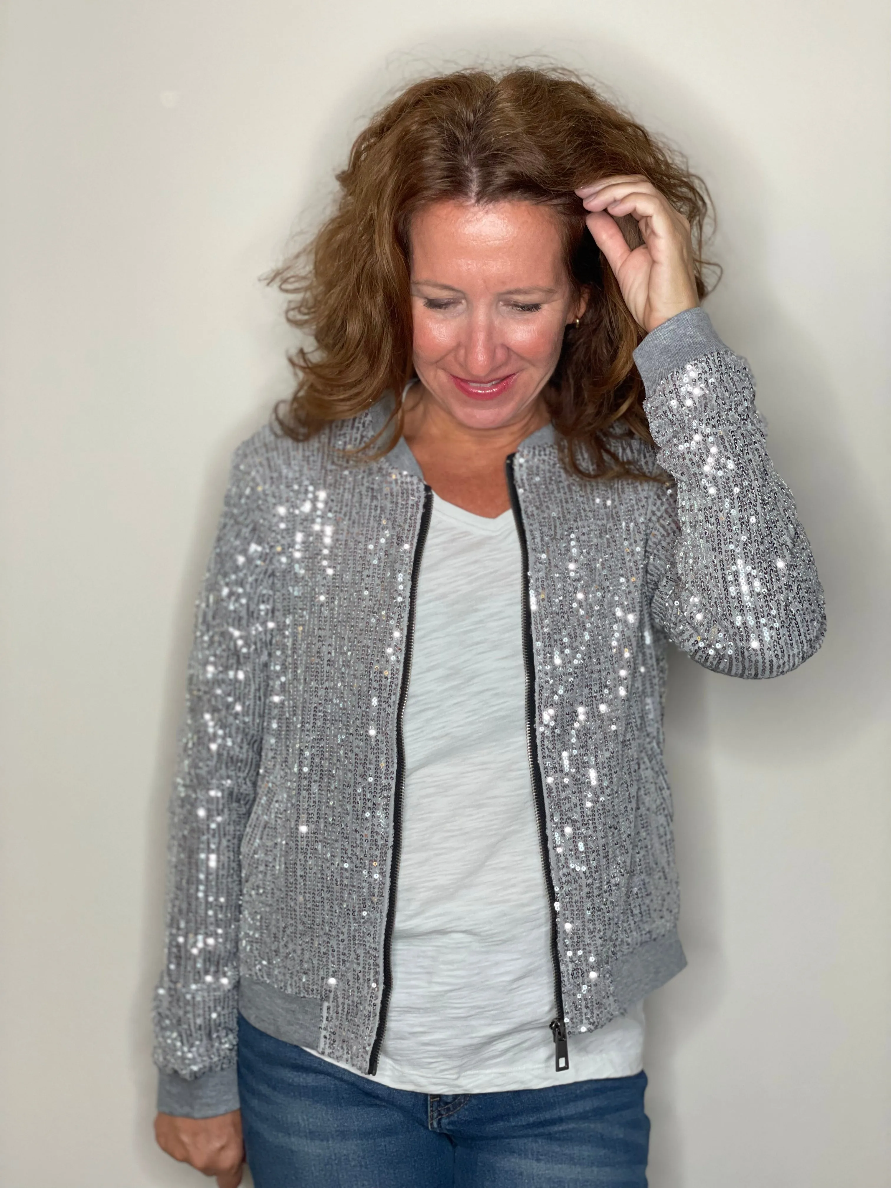 Sequin Bomber Jacket in Silver