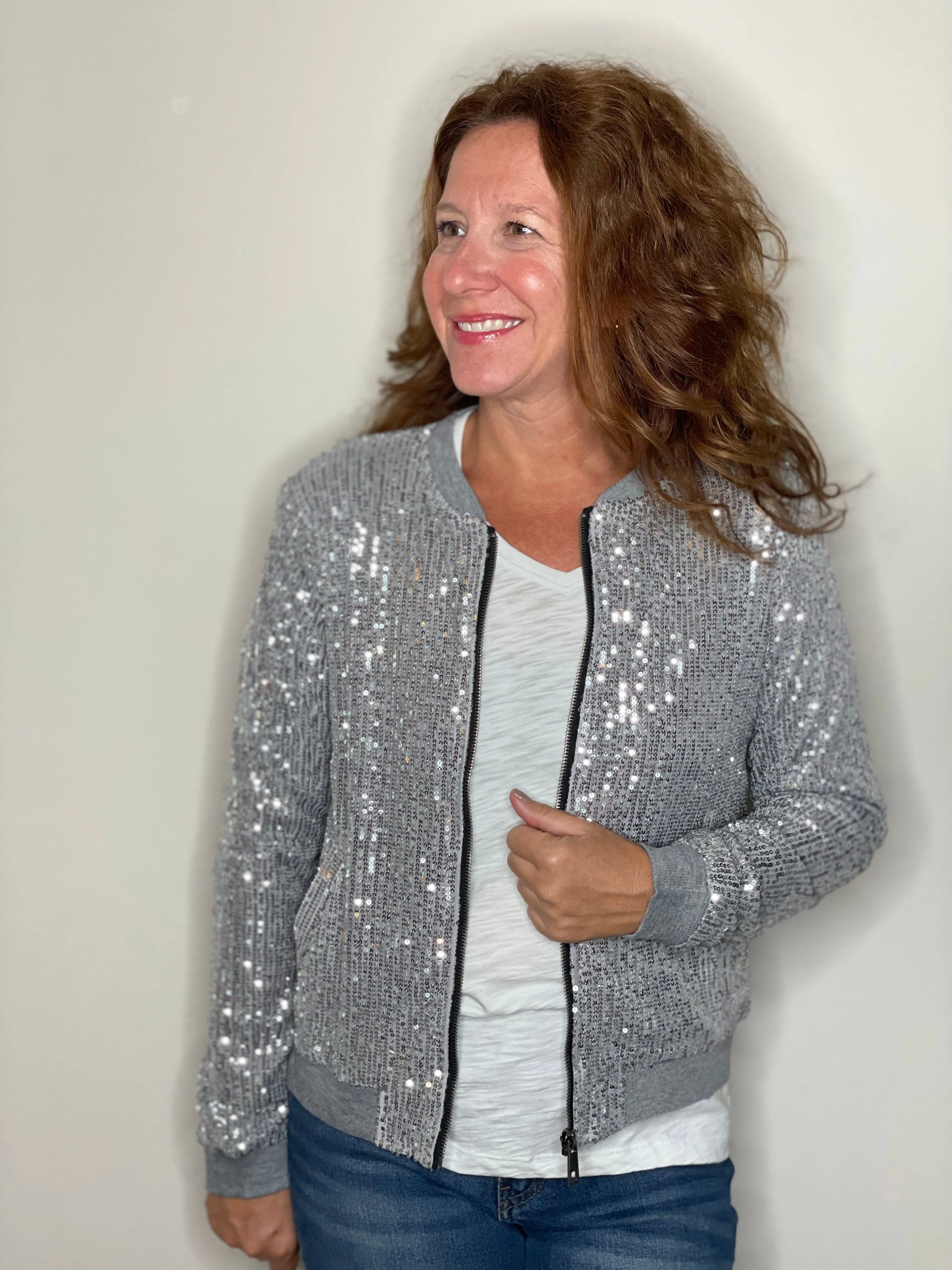 Sequin Bomber Jacket in Silver