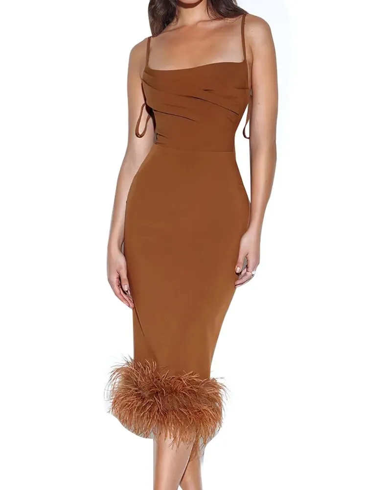 Sexy Slimming Camisole Dresses For Women Squae Collar Sleeveless High Waist Spliced Feathers Dress Female Clothing