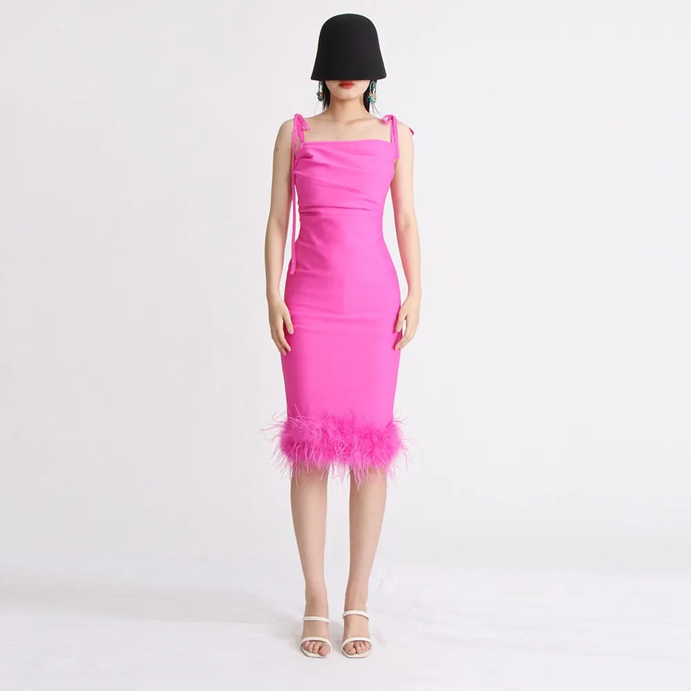 Sexy Slimming Camisole Dresses For Women Squae Collar Sleeveless High Waist Spliced Feathers Dress Female Clothing