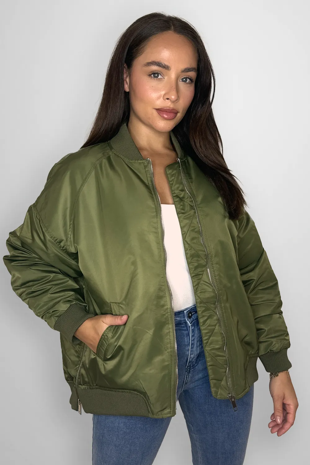 Side Zip Detail Relaxed Fit Bomber Jacket