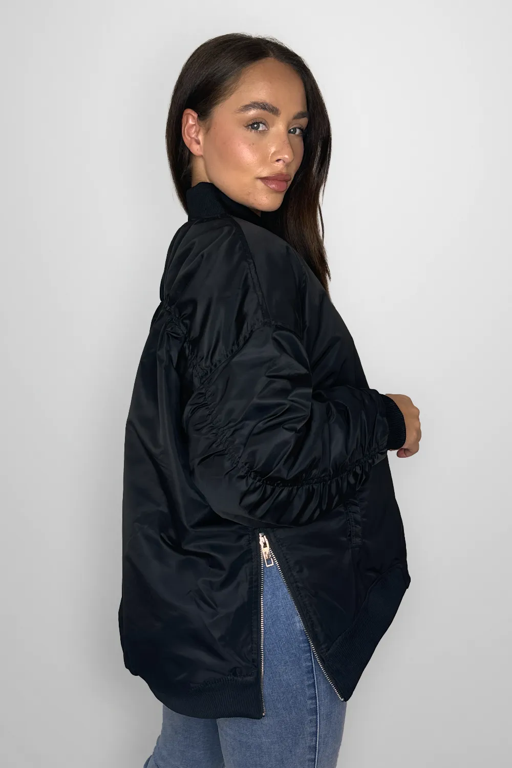 Side Zip Detail Relaxed Fit Bomber Jacket