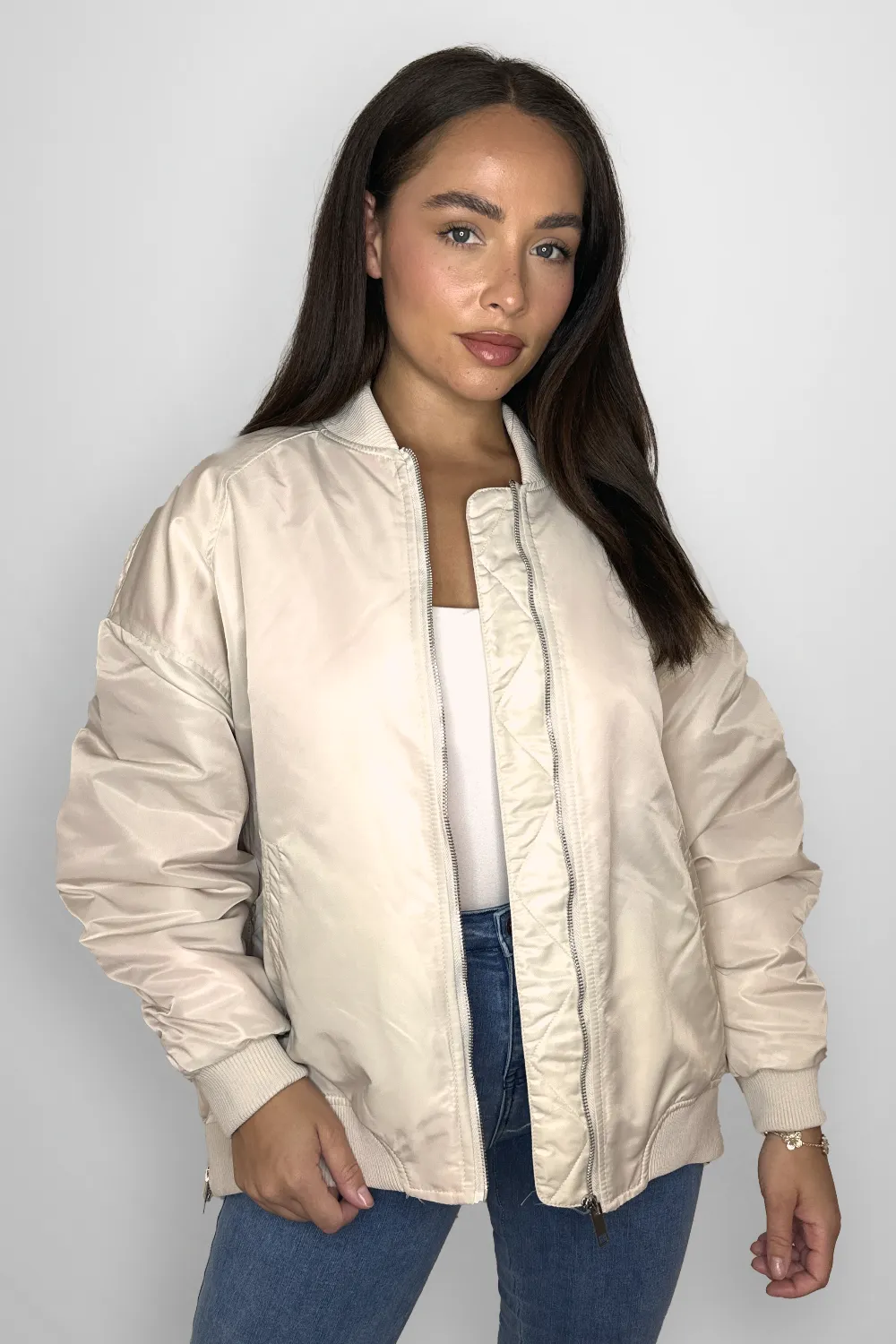 Side Zip Detail Relaxed Fit Bomber Jacket