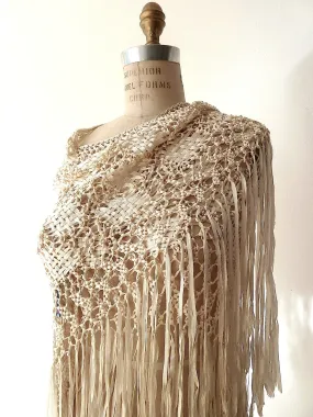 Silk Macrame Triangle Shawl Silver Ivory