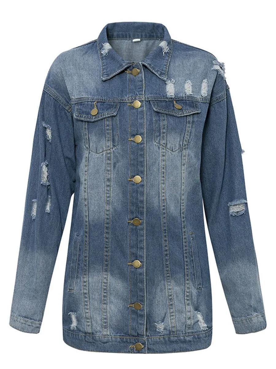 Simple Looking Ripped Denim Jacket - Blue