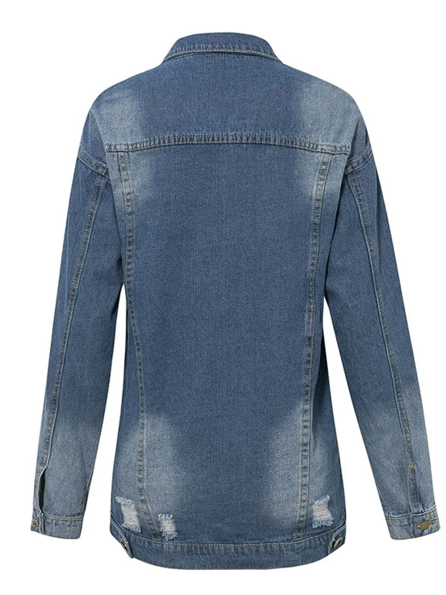 Simple Looking Ripped Denim Jacket - Blue