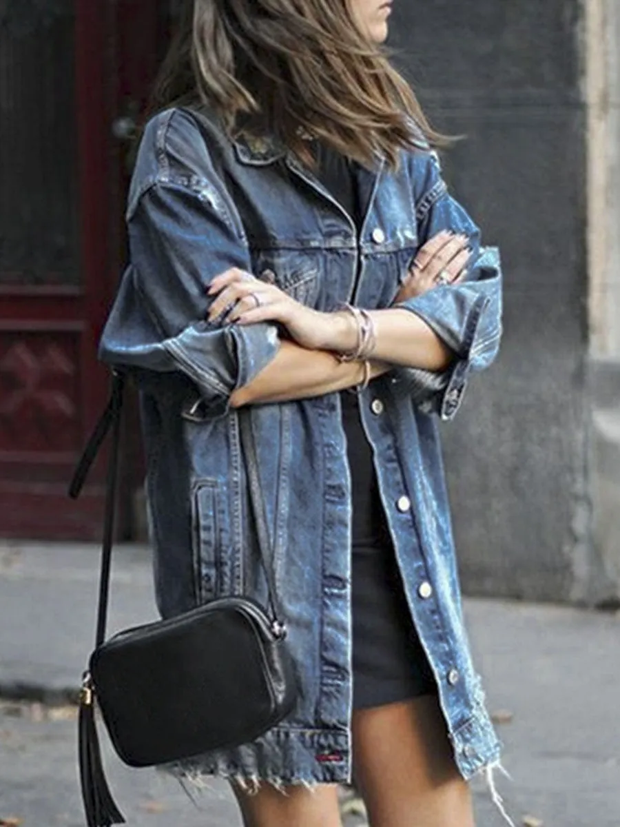 Simple Looking Ripped Denim Jacket - Blue