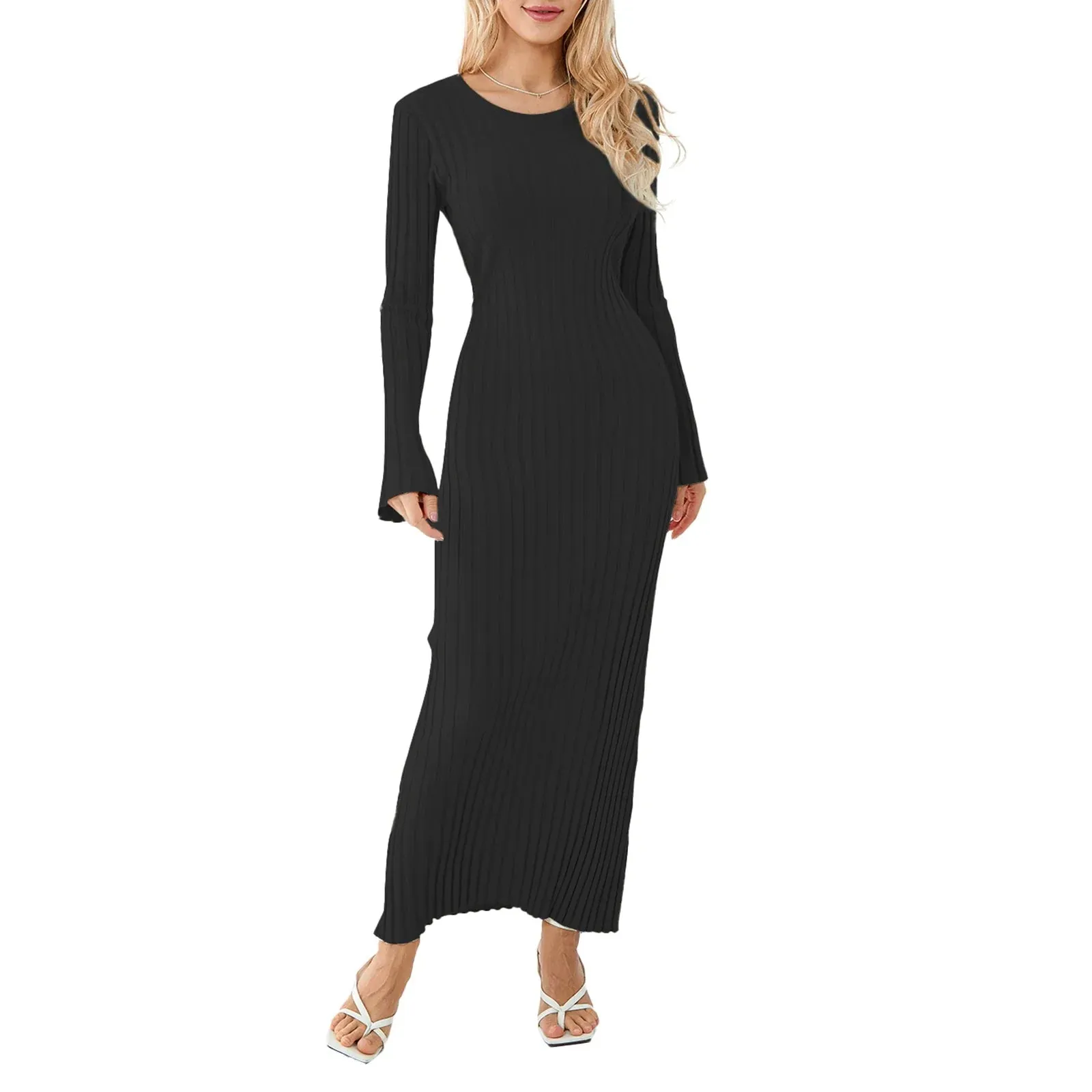 Sleeve Bodycon Maxi Solid Color Slim Fit Outfit For Spring Fall Winter Casual Long Dress