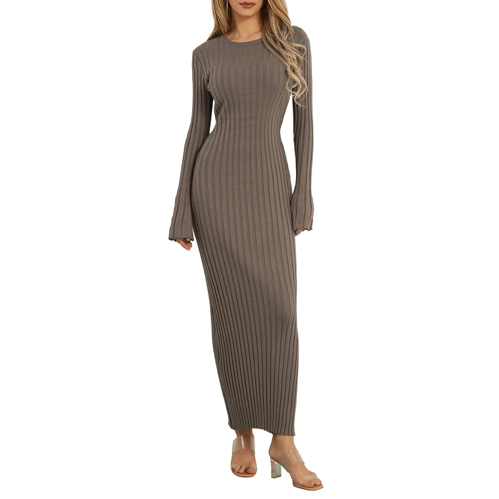 Sleeve Bodycon Maxi Solid Color Slim Fit Outfit For Spring Fall Winter Casual Long Dress