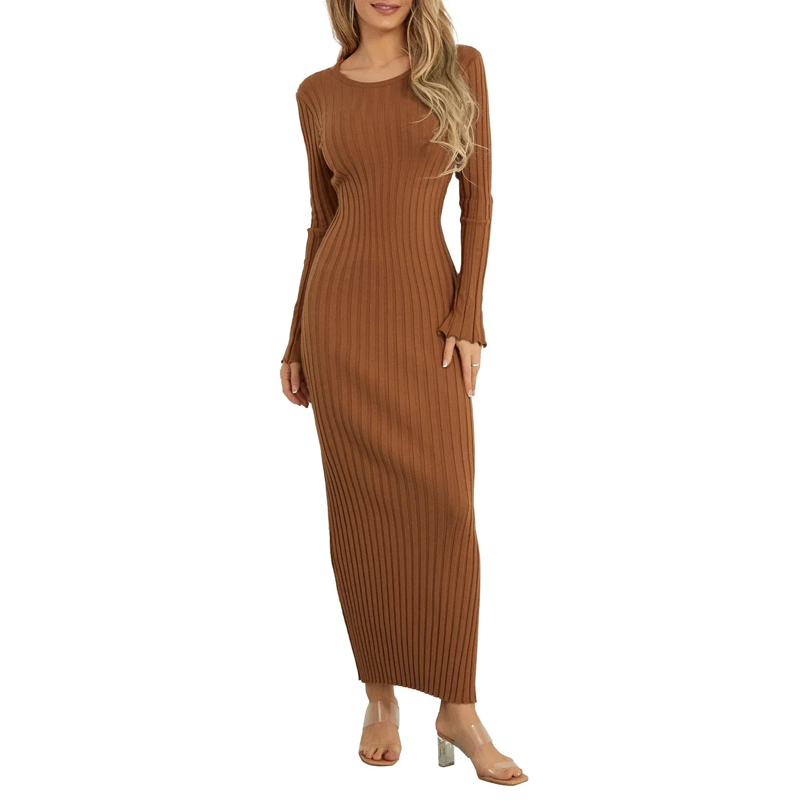 Sleeve Bodycon Maxi Solid Color Slim Fit Outfit For Spring Fall Winter Casual Long Dress