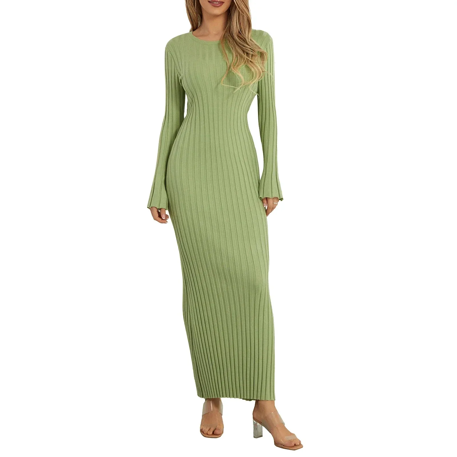 Sleeve Bodycon Maxi Solid Color Slim Fit Outfit For Spring Fall Winter Casual Long Dress