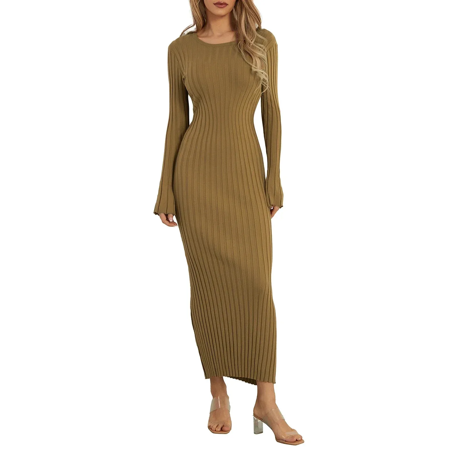 Sleeve Bodycon Maxi Solid Color Slim Fit Outfit For Spring Fall Winter Casual Long Dress