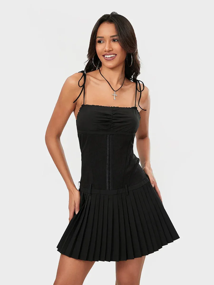 Spaghetti Strap Mini Sleeveless Low Waist Pleated Bodycon Beach Summer Casual Sexy Dress