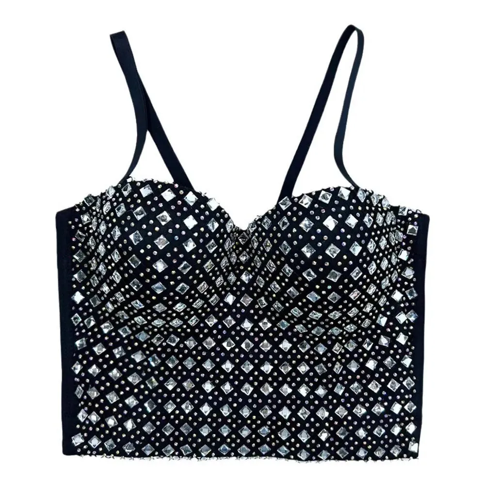 Spliced Diamonds Sexy Tank Tops For Women Square Collar Sleeveless Slimming Camisole Vests Female Fashion Clothing