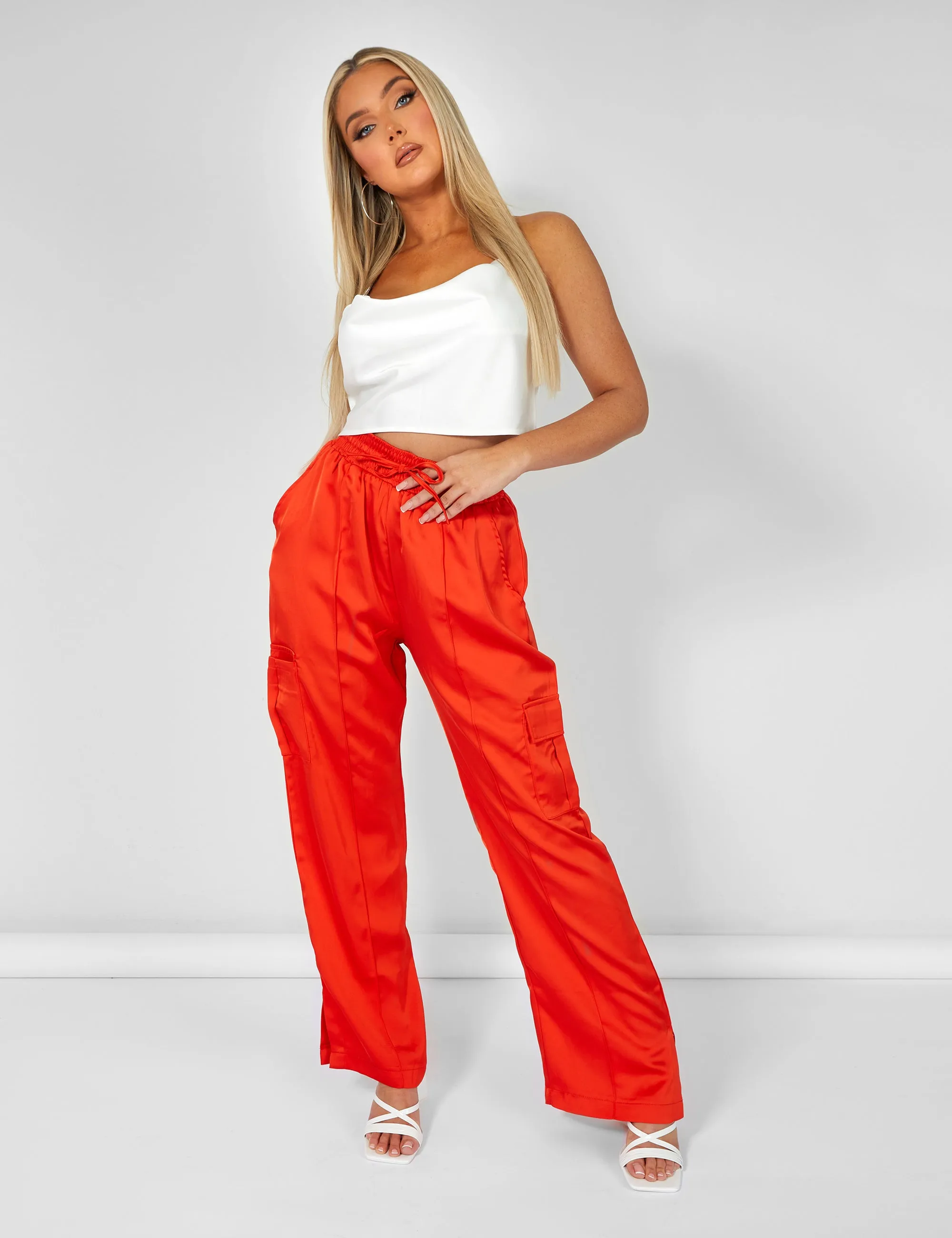 Split Hem Satin Elasticated Waist Joggers Red