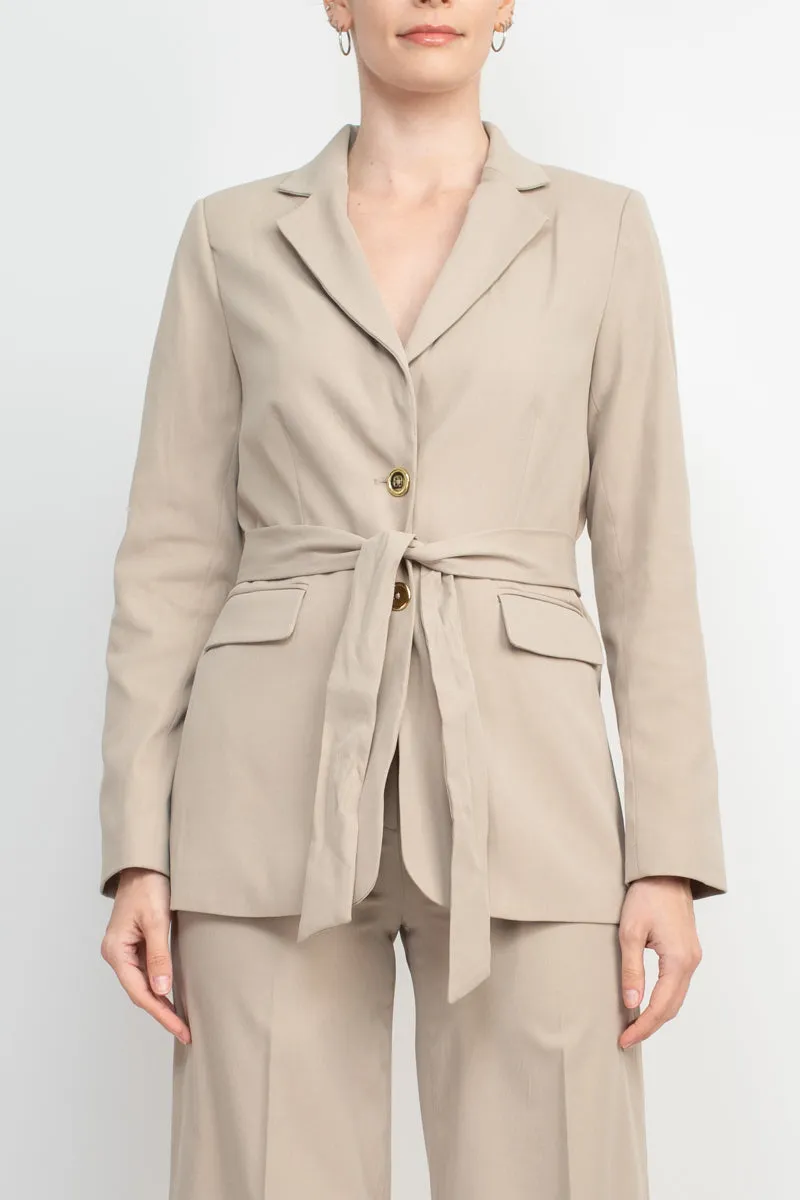 Tahari ASL Shawl Collar Long Sleeves 2 Button Self Waist Tie Jacket With Matching Crepe Pants