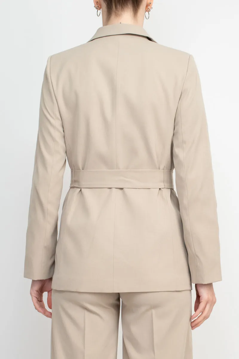 Tahari ASL Shawl Collar Long Sleeves 2 Button Self Waist Tie Jacket With Matching Crepe Pants