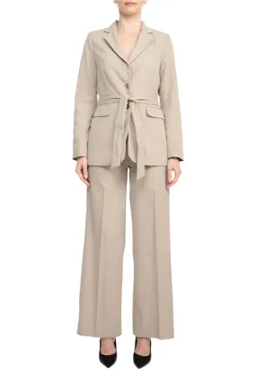 Tahari ASL Shawl Collar Long Sleeves 2 Button Self Waist Tie Jacket With Matching Crepe Pants