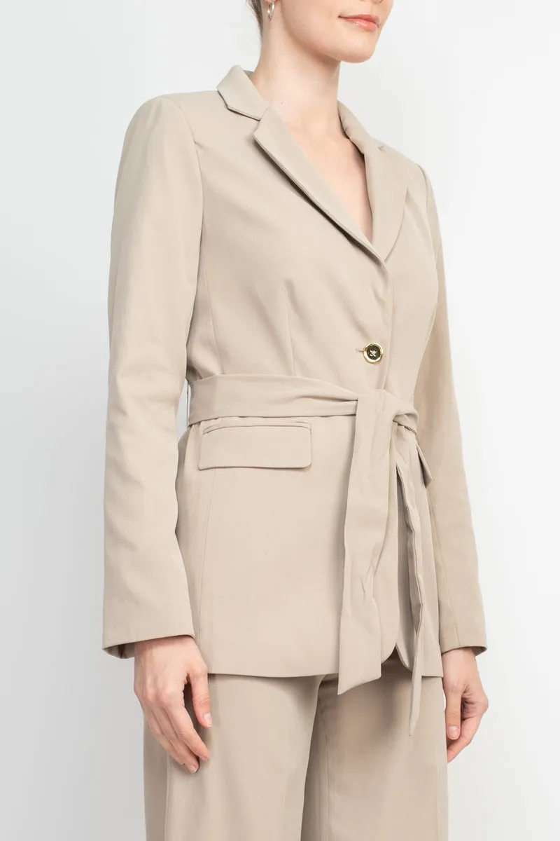 Tahari ASL Shawl Collar Long Sleeves 2 Button Self Waist Tie Jacket With Matching Crepe Pants