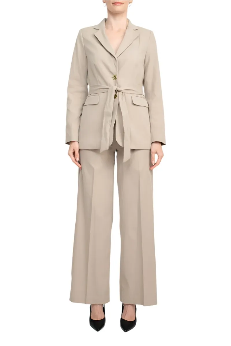 Tahari ASL Shawl Collar Long Sleeves 2 Button Self Waist Tie Jacket With Matching Crepe Pants