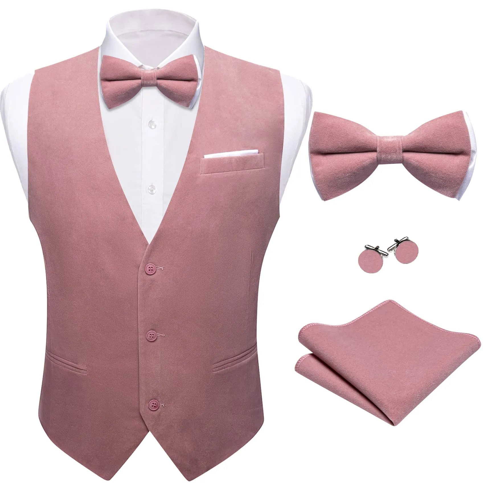 Ties2you Dress Vest Rose Pink Solid V-Neck Mens Suede Leather Vest Waistcoat Bow Tie Set