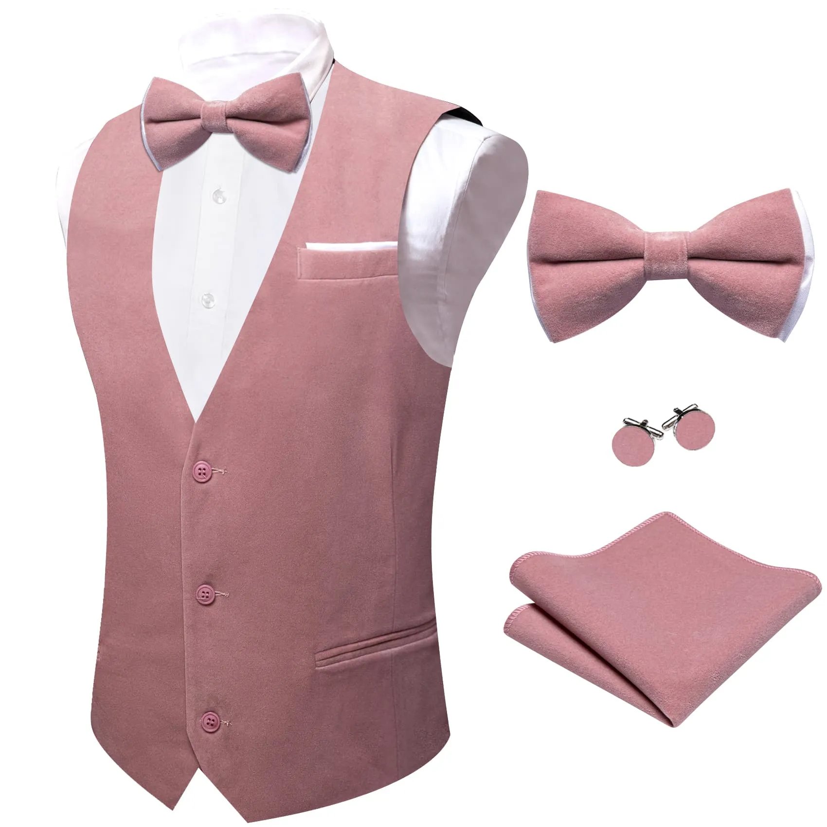 Ties2you Dress Vest Rose Pink Solid V-Neck Mens Suede Leather Vest Waistcoat Bow Tie Set