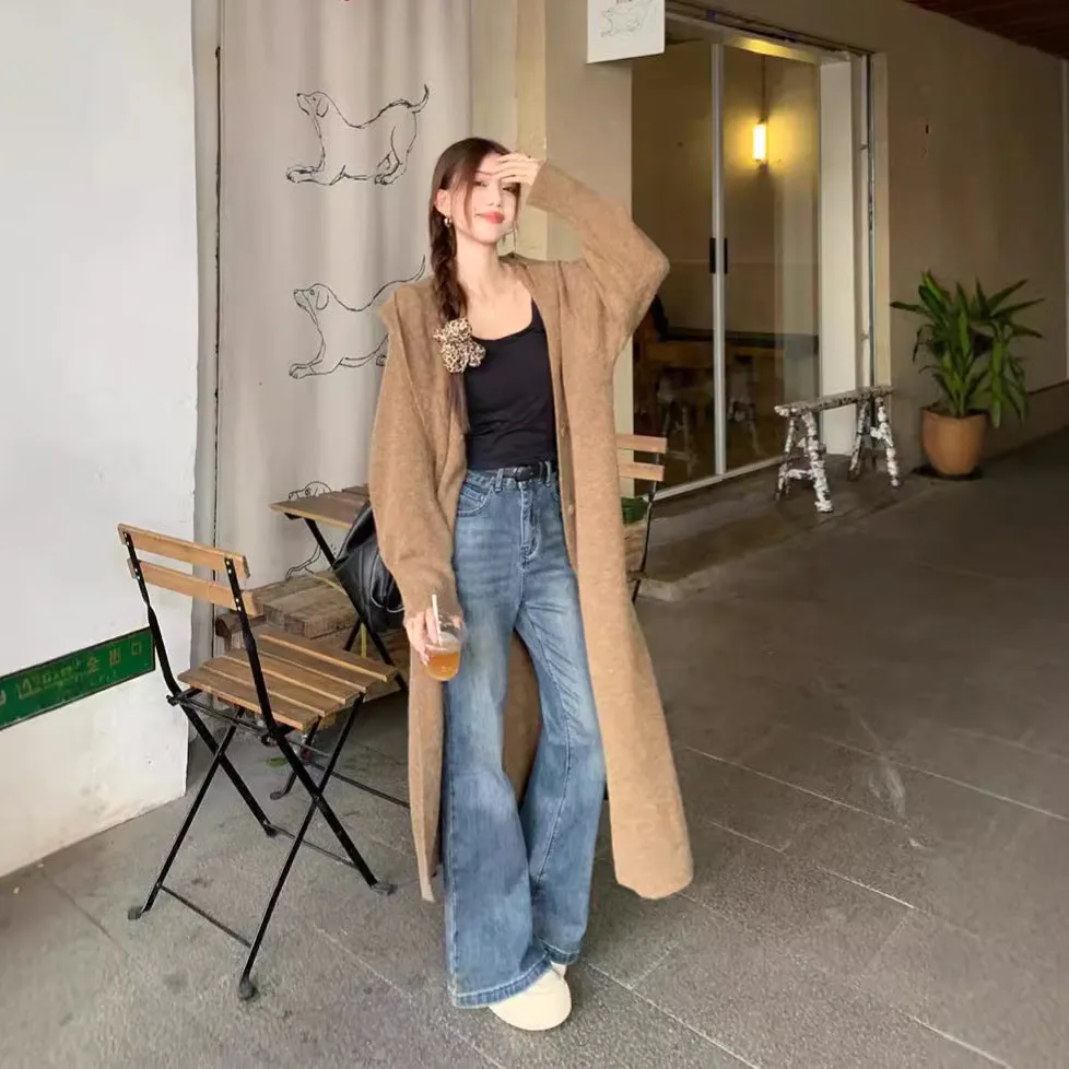 Toleet casual fall outfits Autumn Korean Style No Need Lazy Style Loose Long Knitted Cardigan Hooded Sweater Coat Knitted Overcoat