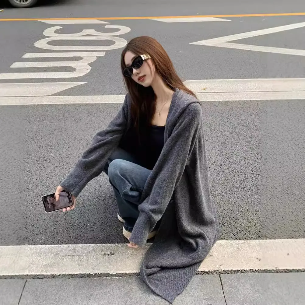 Toleet casual fall outfits Autumn Korean Style No Need Lazy Style Loose Long Knitted Cardigan Hooded Sweater Coat Knitted Overcoat