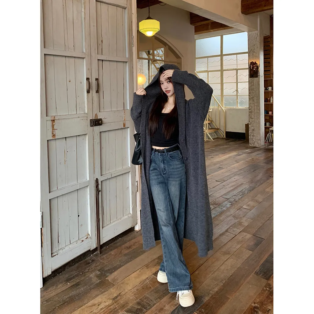 Toleet casual fall outfits Autumn Korean Style No Need Lazy Style Loose Long Knitted Cardigan Hooded Sweater Coat Knitted Overcoat