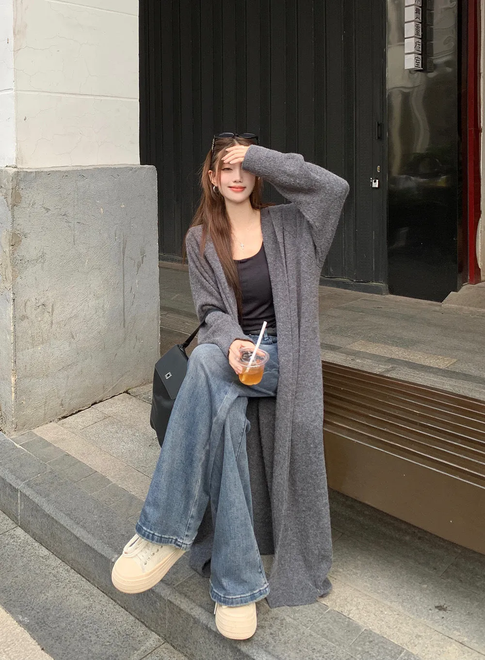 Toleet casual fall outfits Autumn Korean Style No Need Lazy Style Loose Long Knitted Cardigan Hooded Sweater Coat Knitted Overcoat