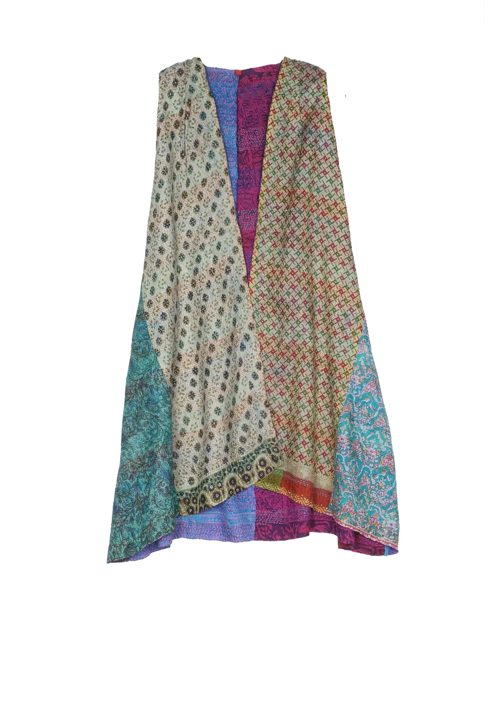 VINTAGE SILK KANTHA BACK PLEATED VEST - sv2221-0001a -