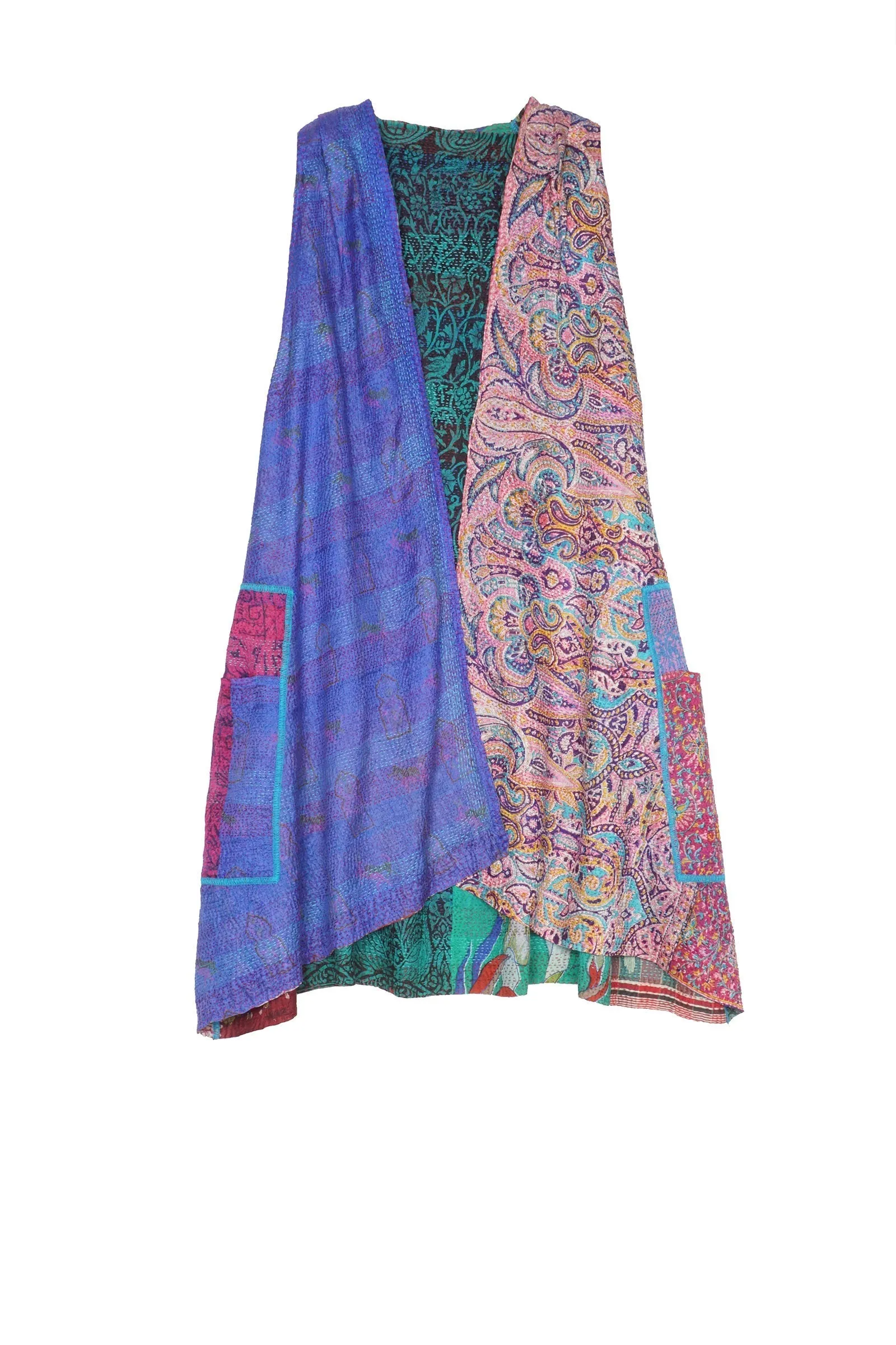 VINTAGE SILK KANTHA BACK PLEATED VEST - sv2221-0001a -