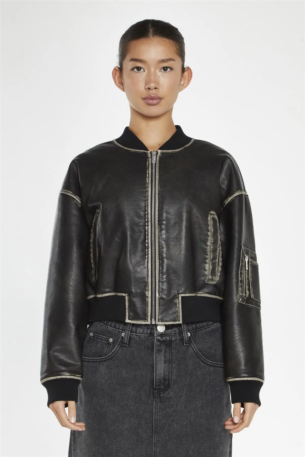 Washed-Black Padded Bomber-Jacket