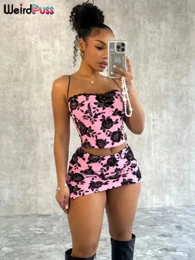 Weird Puss Flower Print Women 2 Piece Set Elegant Summer Trend Lace Bow Camisole Peach Hip Skirts Matching Streetwear Outfits