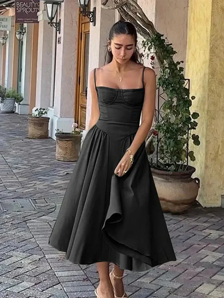 Wenkouban Summer Women Elegant Sleeveless Backless Pleated Dresses Lady Sexy Solid Sling Midi Dress 2024 Female Party Evening A-line Robes