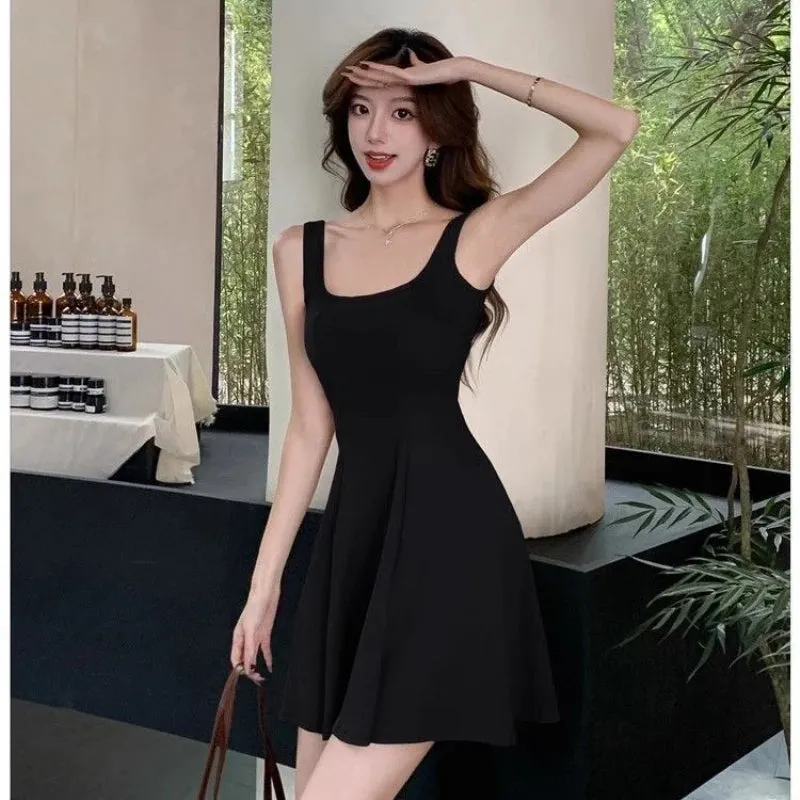 Wenkouban Women Square Neck Sleeveless  Summer Dress Slim Elastic Exercise Tennis Dress One-Pieces Sexy Suspenders A-LINE Mini Dress