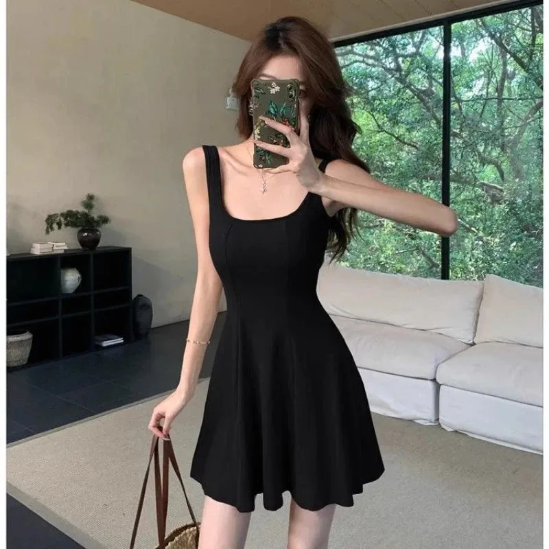 Wenkouban Women Square Neck Sleeveless  Summer Dress Slim Elastic Exercise Tennis Dress One-Pieces Sexy Suspenders A-LINE Mini Dress