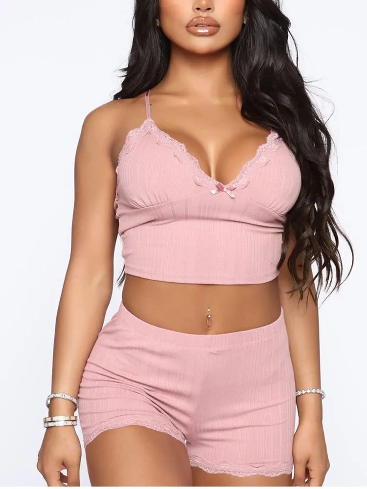 White Summer Ribbed V-neck backless Camisole Mini Shorts 2 Piece Set Pink Casual Outfit