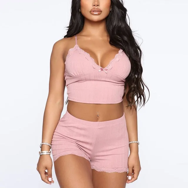 White Summer Ribbed V-neck backless Camisole Mini Shorts 2 Piece Set Pink Casual Outfit