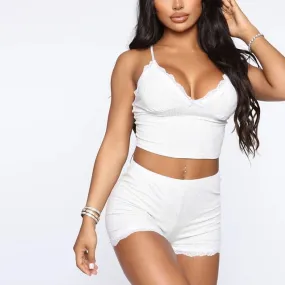 White Summer Ribbed V-neck backless Camisole Mini Shorts 2 Piece Set Pink Casual Outfit