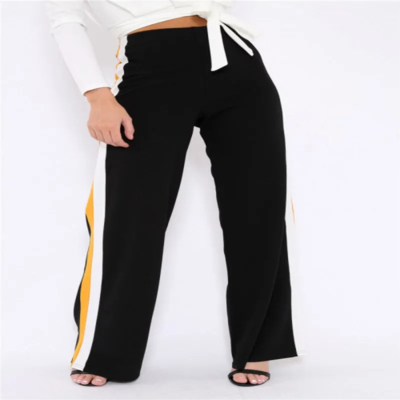 Women Fashion High Waist Straight Wide Leg Striped Sports Trousers Chic Ladies Loose Slim Elastic Waist Cropped Pants Plus Size