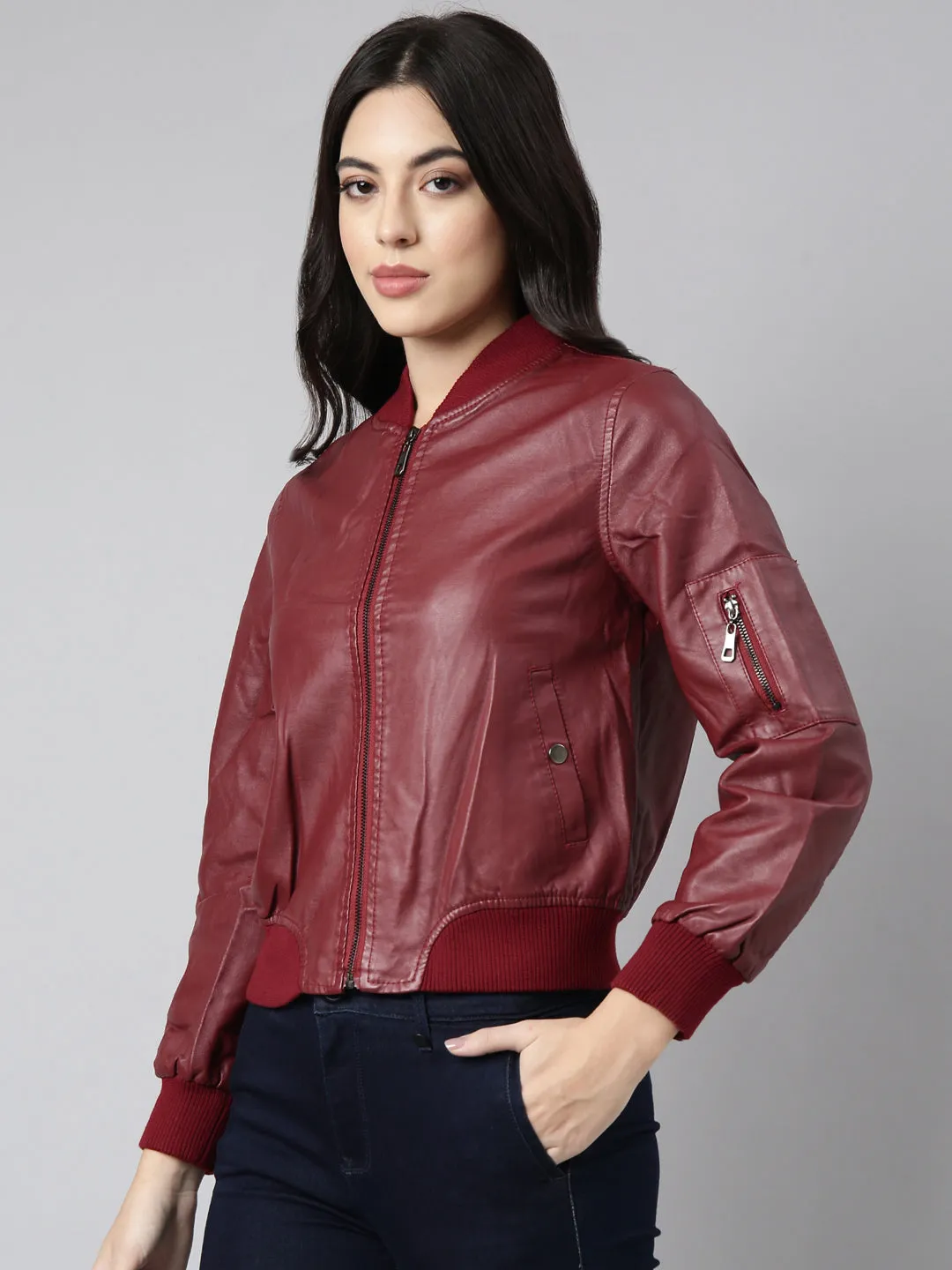 Women Solid Maroon Bomber Jacket