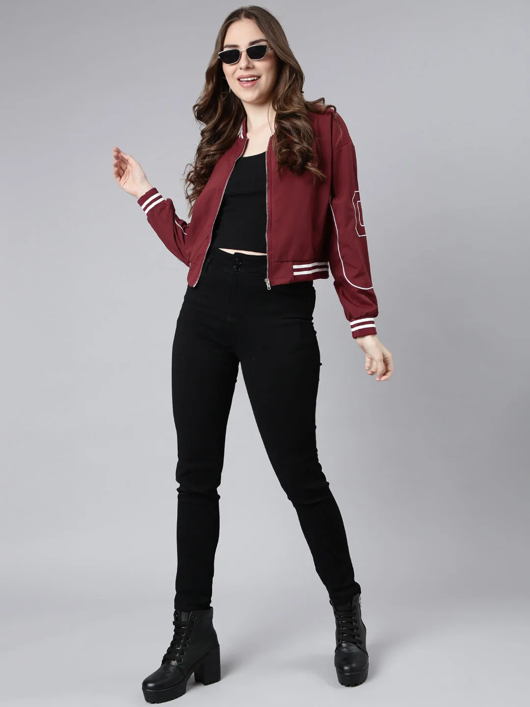 Women Solid Maroon Crop Drop Shoulder Bomber Jacket