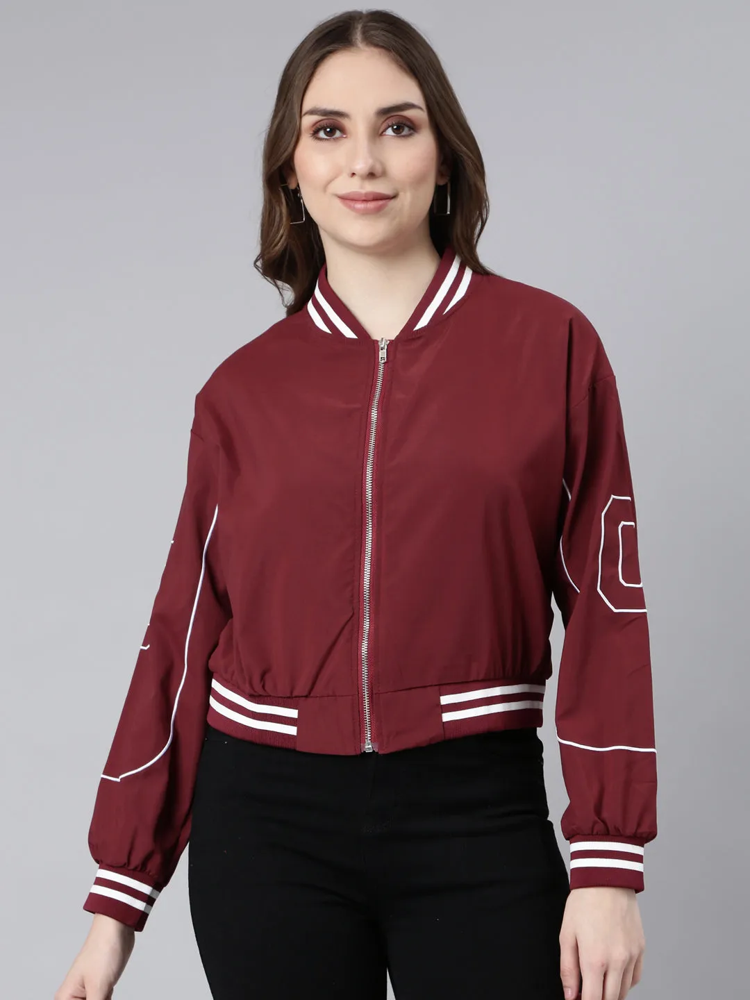 Women Solid Maroon Crop Drop Shoulder Bomber Jacket