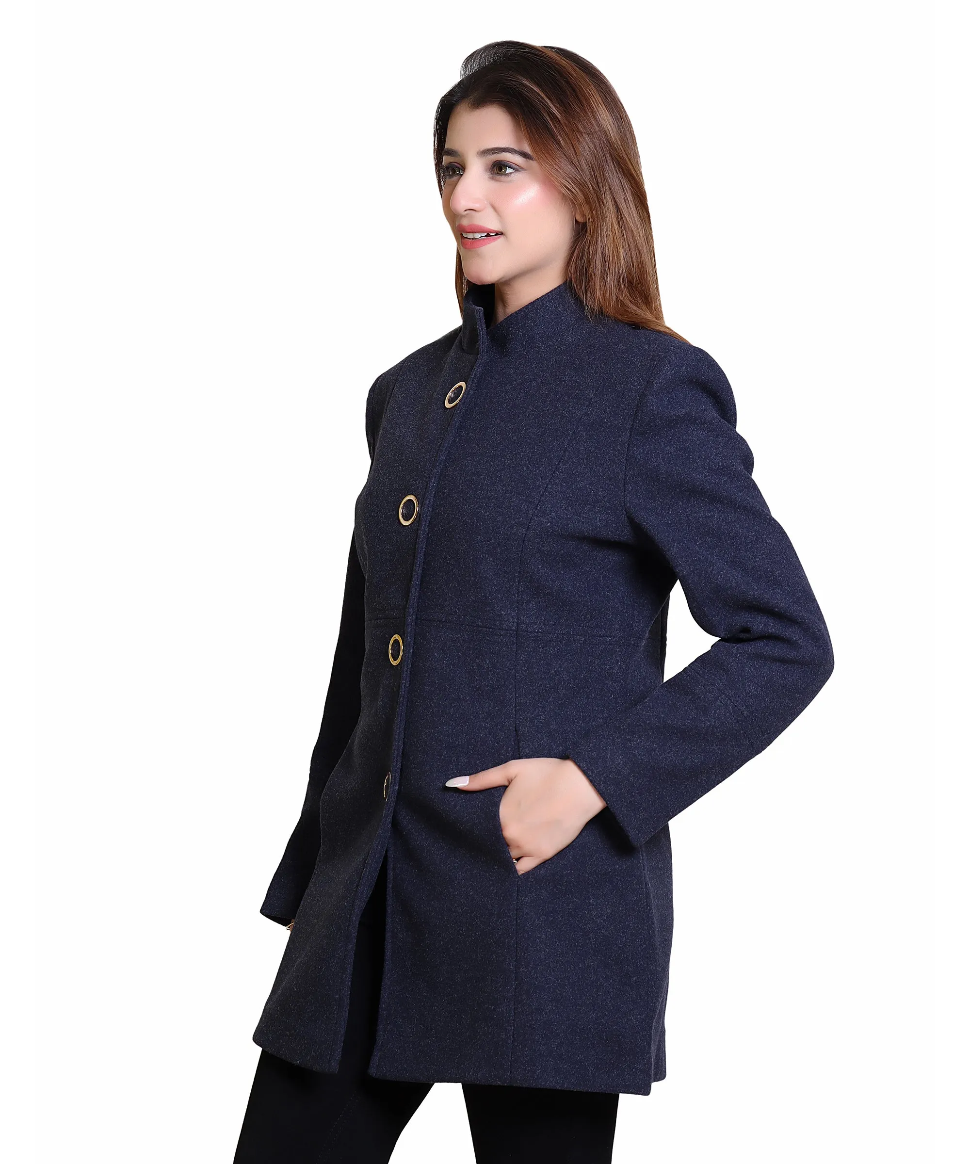 Women Standard Length Wool Blend High Collar Long Sleeve Overcoat