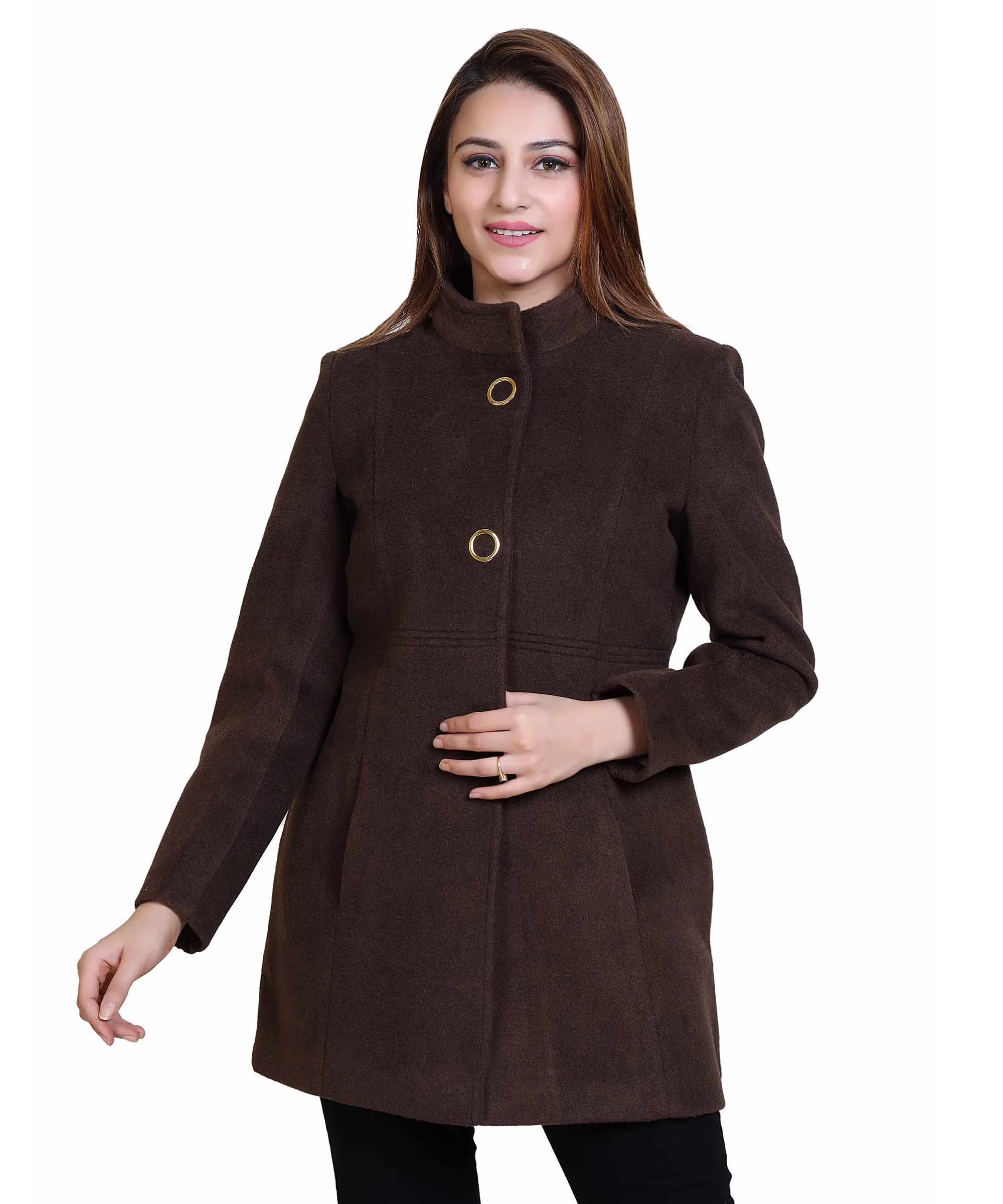 Women Standard Length Wool Blend High Collar Long Sleeve Overcoat